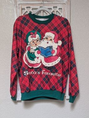 Vintage 80s Christmas Sweatshirt Santa & Mrs Claus Womens L double sided festive